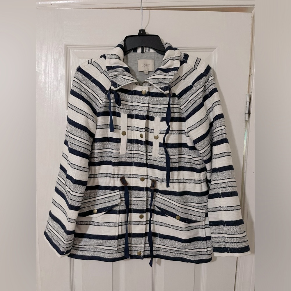 Loft Breton Women's Small Anorak Jacket Nautical Navy Blue & White Striped